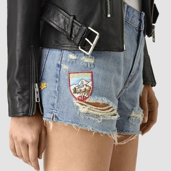 All Saints Kate High Waist Distressed Cut Off Patch Denim Shorts Size 26 - Picture 1 of 14